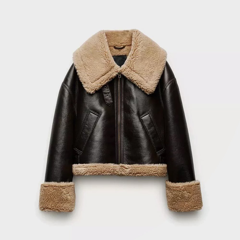 Women Black SF Bomber Aviator Shearling Jacket